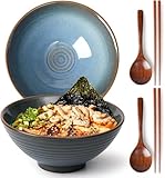 NUTRIUPS 2 x 1200ml Ramenschüssel aus Keramik mit Essstäbchen und Löffeln, 20cm Bowl Schüssel Suppenschüssel Groß，Retro Blau