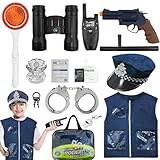 LMYEVYD Polizei Kostüm Kinder mit Polizist Ausrüstung Weste Hut, Walkie Talkie, Verkehrssignalanzeige, Cosplay-polizei Uniform Kinder, PolizeiSpielzeug für Karneval Halloween Kostüm Kinder