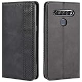 HualuBro Handyhülle für LG K51S Hülle, LG K41S Hülle, Retro Leder Stoßfest Klapphülle Schutzhülle Handytasche LederHülle Flip Case Cover für LG K51S Tasche, Schwarz