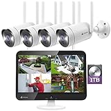 [Dual WiFi, 8CH erweiterbar] Kittyhok All in One 2K Wireless Überwachungskamerasystem mit 12 Zoll LCD HD-Monitor, 4 Stück 3MP IP-Überwachungskamera mit 2-Wege-Audio, Fernansicht, 24/7 Aufnahme, 1 TB