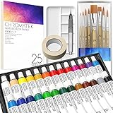 CHROMATEK Aquarellfarben-Set – 62-teiliges Kit für Erwachsene, Anfänger & professionelle Künstler – 26 Tuben (12 ml), 25-seitiger Skizzenblock, 8 Malpinsel, Aquapinsel, Palette, Masking Tape
