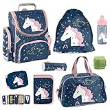 Familando Einhorn Schulranzen Set 8-TLG. Mädchen Schultasche 1. Klasse Magic Unicorn mit Federmappe Turnbeutel Sporttasche Regenschutz
