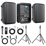 CAICOUSTIC All-in-One 2-Wege-PA-Lautsprechersystem, DJ-Mixer, 300 W, 8-K-Mixer, Bluetooth, Verstärker-Kit mit 20,3 cm Subwoofer und 2,5 cm Hornhochtöner, USB, 2 Lautsprecherständer, Mikrofon