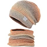 WANYIG Wintermütze Strickmütze mit Schal Damen Warme Mütze Beanie Herbst Winter Schal und Mütze Set 56-60CM (Farbverlauf Orange)