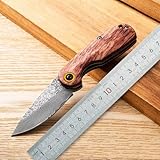 Lius Group Survival Outdoor messer mit Holzgriff,Scharfes Damaststahl EDC Klappmesser Damaszener taschenmesser, Geschenk für Männer