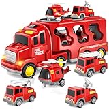 5-in-1 Feuerwehr LKW Spielzeug für Kinder, Reibungsbetriebene Transporter mit 4 Feuerwehrfahrzeugen, Spielzeug ab 1 2 3 Jahren für Jungen und Mädchen mit Lichtern und Geräuschen für Kleinkind 4 5 6