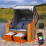 Swing & Harmonie RGB - Strandkorb XXL - 118cm inkl. Abdeckcover LED Luxus Volllieger mit Solarmodul Ostsee Sonneninsel Rattan Möbel Polyrattan (grau/weiß - nadelstreifen)