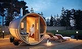 FinnTherm Fass-Sauna Sam, unbehandelt/Natur, inkl. Holz-Ofen (18 kW), 40 mm Wandstärke (219,5 cm x 280 cm)