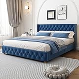 Aunvla Polsterbett 160 * 200cm mit Lattenrost und Kopfteil, Knopfpolsterung, Nietenpolsterung, Holzbeine, Samt, Blau