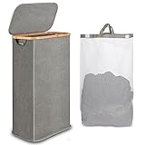 iEGrow Wäschekorb mit Deckel 60L, Wäschekorb Schmal mit herausnehmbarer und waschbarer Innentasche, Wäschesammler Bambus, faltbare Wäschekörbe für Waschküche, Schlafzimmer, Badezimmer (grau)