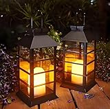 Yomistar Solarlaterne für Außen 2 Stück Solarlampen Garten mit Flammeneffekte Kerze, Hängend Solar Laternen IP44 Wasserdicht Solar Tischlampe Outdoor, Solarleuchten für Terrasse Balkon Pavillon Deko