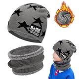 RCYHCY Kinder Wintermütze, Kinder Winter Warm Beanie Mütze und Mütze Loop Schal Set, für 5-15 Jahre Jungen Mädchen, Beanie Mütze und Schlauchschal Set mit Fleece Gefütterte, Geschenk Kinder
