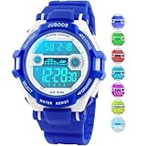 Juboos Kinder Digitaluhren, 7 Farben LED-Licht, Wasserdicht, Alarm, Stoppuhr, Outdoor Armbanduhr für Kinder 5-18 Jahre (Blau)