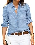 Roskiky Denim Shirt Frauen Chambray Jean Western Shirts Langarm Button Down Tops Helium Blau XL