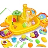 CUTE STONE Küchenspüle Spielzeug Set Wasserbecken Spielzeug Set mit Wasserhahn, Obst-Schneiden Wasserrutschbahn, Floating Spielzeug, Angelspielzeug, Rollenspiel Spielzeug für Kinder