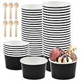 REFORUNG Eisbecher aus Pappe 50 Stück Umweltfreundliche Universal Karton Einwegschalen 240ml Einweg-Kuchenbecher Papier Eisbecher Becher mit 50 Holzlöffel für Eisbecher Gefrorenen Joghurt, Schwarz