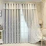 Stfery 2er Set Blickdichte Vorhänge Grau mit Ösen Kinderzimmer, Gardine Klassisch Doppelschicht Gaze Stickerei Ösenschals Schlafzimmer Wohnzimmer, B132 x H115 cm x 1pcs