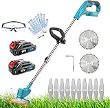 Rasentrimmer mit Akku, Freischneider mit Unkrautbürste, Rasentrimmer mit Unkrautbürste, Motorsense Akku mit 2X 3.0Ah Akku & Ladegerät, 750W Bürstenloser Motor