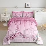 Castle Fairy Paris Bettwäsche-Set für Doppelbett, Eiffelturm-Blumen, Bettdecken-Set, 2-teilig, für Kinder, Mädchen, Frauen, Raumdekoration, Fantasy-Farbverlauf, rosa Glitzer, romantisch, schick,