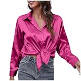 Bluse Damen Langarmshirt mit Taschen Revers Einreihige Elegant Einfarbig Longshirt Weiche Satin für Frühling, Sommer und Herbst Button-Down Hemdblusen