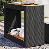 Homgoday Garten-Beistelltisch mit Holzplatte Schwarz Poly Rattan Tisch Gartentisch Balkontisch Couchtisch Loungetisch für Balkon Terrasse Garten