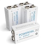 POWEROWL 9v Akku,9v Blockbatterie Akku 600mAh Lithium Ionen Wiederaufladbar Batterien geringe Selbstentladung für 10 Jahres Rauchmelder 4 Stück