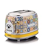 Ariete Toaster 155 Positano, Mediterranes Design, 2 Breite Schlitze, 6 Bräunungsstufen mit Automatischem Auswurf, Krümelfach, Toast-, Aufwärm- und Auftaufunktion, 810W