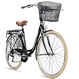 Bergsteiger Paris 26,28 Zoll Damenfahrrad, ab 140 cm, Korb, Fahrrad-Licht, 6 Gang-Schaltung, Damen-Citybike, Damenrad im Retro-Design