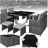 tectake Lounge Möbel Set aus 4X Stühle, 1x Tisch, 4X Hocker, wetterfest und platzsparende Cube Aufbewahrung inkl. Schutzhülle, Outdoor Rattan Gartenmöbel für Balkon, Garten und Terrasse - grau