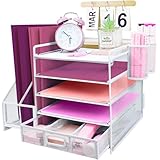 ideallife Schreibtisch Organizer Ablage aus Metall, 5 Ebenen Papier Briefablage mit Aktenhalter, Mesh Schreibtisch Akten Organizer mit Zeitschriftenhalter für Büro Dokumentenablage (Weiß)