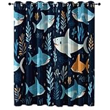 Blickdichte Vorhänge Blau Ösenvorhänge Cartoon Tiere Hai Seetang Bedruckte Vorhänge, H 200 x B 70 cm (2er Pack) Wärmeisolierende Verdunkelungsvorhänge für Schlafzimmer Wohnzimmer