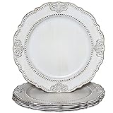 Spsyrine Antike weiße Platzteller, Set mit 6 Vintage geprägten Tellerladegeräten mit Perlenrand, 13 Zoll barocke gewellte Ladegeräte für Speiseteller, elegante Kunststoff-Ladegeräte für Hochzeit