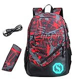 SellerFun Jungen 20L Mode Schulranzen Rucksack mit Leuchtstoffmarke 3 Sets/2 Sets, USB Colorv 2 Sets, 20, lang
