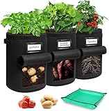 Airminti 3 Stück Kartoffel Pflanzsack 38L, 10 Gallonen Vliesstoff Kartoffelsack mit Sichtbarer Klappe & Arbeitsmatte, Wiederverwendbare Pflanzsäcke mit 10 Namensetiketten für Kartoffeln,Tomaten,Blumen