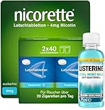 NICORETTE Lutschtabletten mit 4 mg Nikotin freshmint Geschmack + Listerine Cool Mint mild 95ml - diskret mit dem Rauchen aufhören inkl. Mundwasser