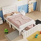 VSOGA Holzbett Einzelbett 90x190cm, Kinder- und Jugendbett, Massivholz mit Lattenrost, Schubladen & Stauraum, weiß, ohne Matratze