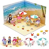 BBEUU Puppenhaus Puppen, 25 Stück Puppenhaus Figuren Familie, Mit Holz Biegepuppen, Strandszene, Strandstuhl, Onnenschirm, Seestern, Krabbe Usw, Für Puppen Puppenhaus Zubehör Geschenk