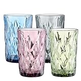 Henrrida Vintage Trinkgläser Set, 4-teilig, Strukturiertes Glas, 260ml, Mehrfarbig in Grün Rosa Blau Grau, 10x8cm, Geprägte Wassergläser für Getränke