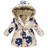amropi Mantel Mädchen Geblümt Winterjacke mit Fellkapuze Warme Wintermantel Kinderjacke Beige Blume, 2-3 Jahre
