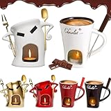 Generisch Schokofondue Tasse, Schokofondue, Keramik Schokobrunnen mit Gabel, Chocolate Fondue Set für Käse, Schokolade, Butter und Karamell (Weiß B)