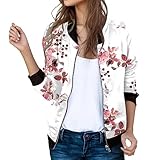 Bomberjacke Damen Kurz Herbstt Übergangsjacke Elegante Blumenmuster Freizeitjacke mit Reißverschluss Langarm Stehkragen Sportjacke Outdoor Leichte Sweatjacke Outwear für Damen