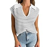 KARRESLY Gestreifter Damen-Pullover, V-Ausschnitt, ärmellos, Pullover, Tank-Top, lässig, Flügelärmel, lose Strickweste, Weiss/opulenter Garten, Klein