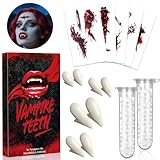 Vampir Zähne Vampirzähne Erwachsene 4 Paar - 4 Größen Vampire Teeth Halloween Kostüm Accessoires mit 2 Tube Zahnkleber & 5 Halloween Tattoos, Gefälschte Vampirgebiss Vampir Fangs für Cosplay Party