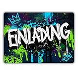 12x Graffiti Einladungskarten Nr. 1 - Für den Kindergeburtstag von Jungen & Mädchen - Neon Graffiti Geburtstagseinladungen inkl. Messenger Bild & Urlaubsgutschein