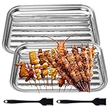 Sporgo BBQ Grillschalen 2er Set: 34 x 24 cm Edelstahl Grillkorb Wiederverwendbarer Grillschale mit Bürste, Grillen Zubehör Schale für Gemüse Fisch Fleisch, Grillkörbe Geeignet für Alle Gasgrill