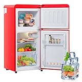 Merax 60L Retro-Kühlschrank, Doppeltür Kühlschrank mit 22L Gefriervolumen, 102 kWh/Jahr, 7 Temperatureinstellungen, Energieklasse E, Kompakt und Stylisch in Rot, 88,8 cm hoch