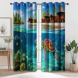 Verdunkelungsvorhänge H260 x B140 cm (2er Pack), Abstrakte Schildkröte Insel, Weich Vorhänge Blickdicht mit rostfreien Ösen, stilvoller Luxus-Vorhang für Wohnzimmer Schlafzimmer, Blau Grün