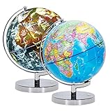 EXERZ 23cm Leuchtglobus Metallsockel - Deutsche Karte - Schülerglobus Mit Kabelfreier LED-Beleuchtung Bei - Politische Karte (Tageszeit) - Konstellation Sterne (Nacht)