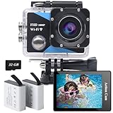 Nvgfelis WiFi Action Cam FHD 1080P mit 32GB Speicherkarte, Actionkamera wasserdicht bis 30M, ActionCamera mit 2×1050 mAh wiederaufladbare Akkus und Zubehör-Set