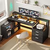 DWVO L-förmiger Computer mit Schubladen, 65 Zoll (165 cm) Computercomputer mit Steckdosen und LED-Lichtern, Eckbürocomputer mit Ablagen und